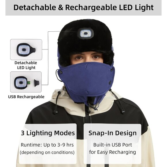 Men Navy Blue Heated Trapper Hat Faux Fur Ushanka with Rechargeable LED Light - Picture 5 of 7